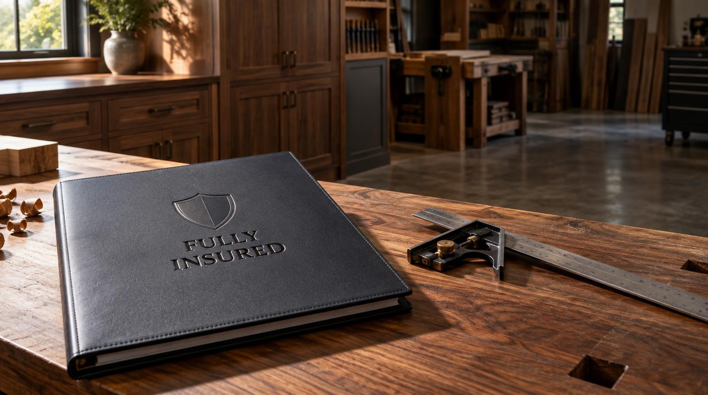 Fully insured document folder and cabinetmaker's combination square on a walnut workbench in a professional cabinetry shop