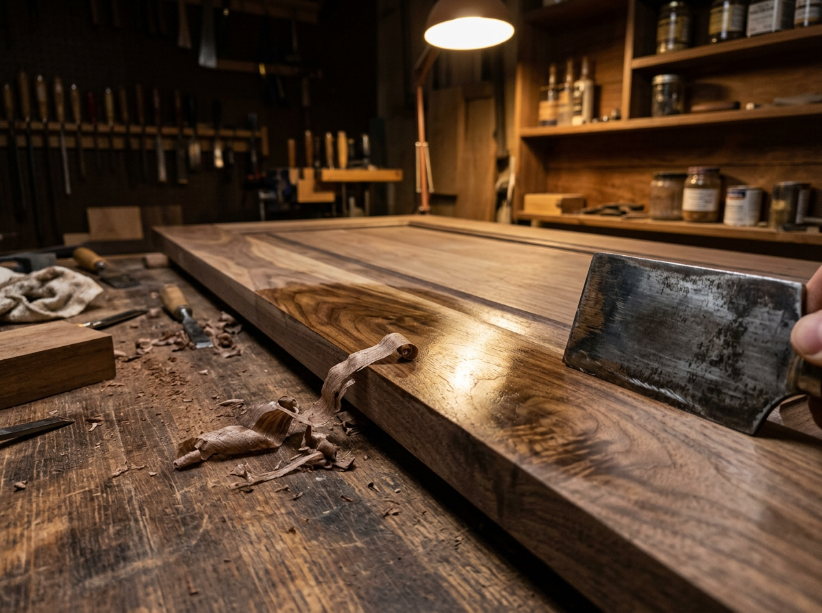Cabinet scraper smoothing a walnut raised-panel cabinet door