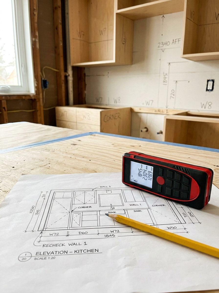 Laser distance meter beside a custom kitchen elevation drawing in a cabinet installation space