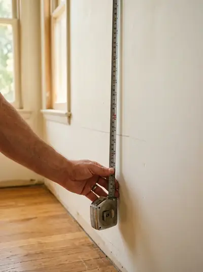 Tape measure recording dimensions on a kitchen wall for custom cabinets