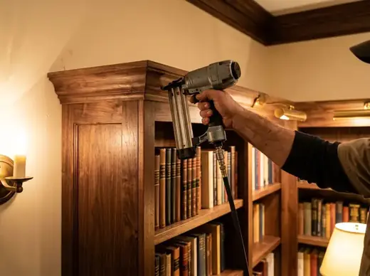 Brad nailer securing trim on a custom built-in bookcase